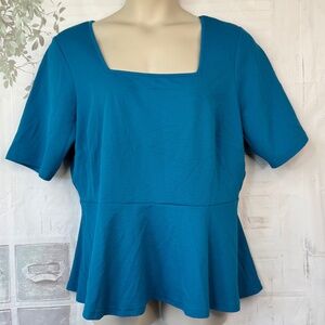 Ashley Stewart Womens Turkish Blue Peplum Square Neck Stretch Top Plus Sz. 18 20